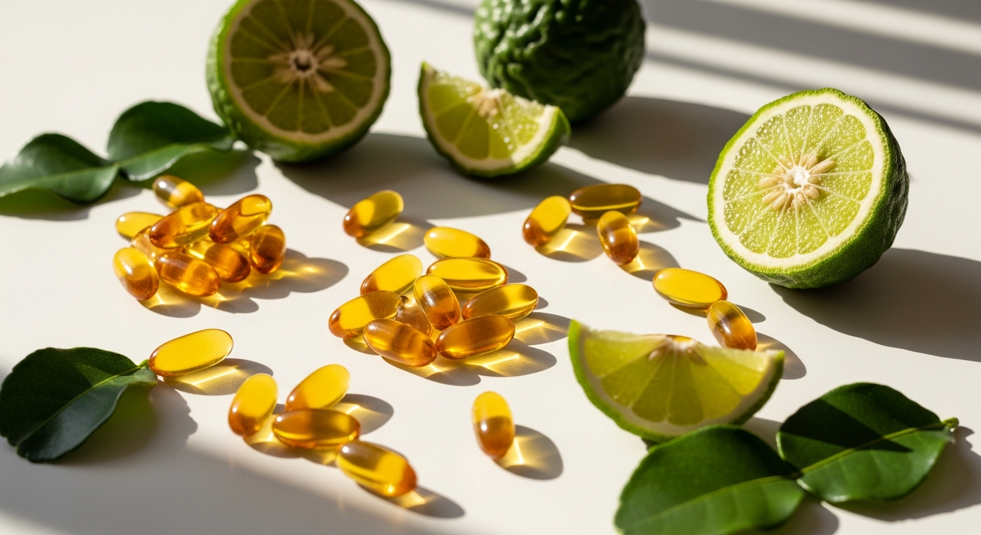 Secret Element Citrus Bergamot Capsules bottle displayed with fresh bergamot fruit