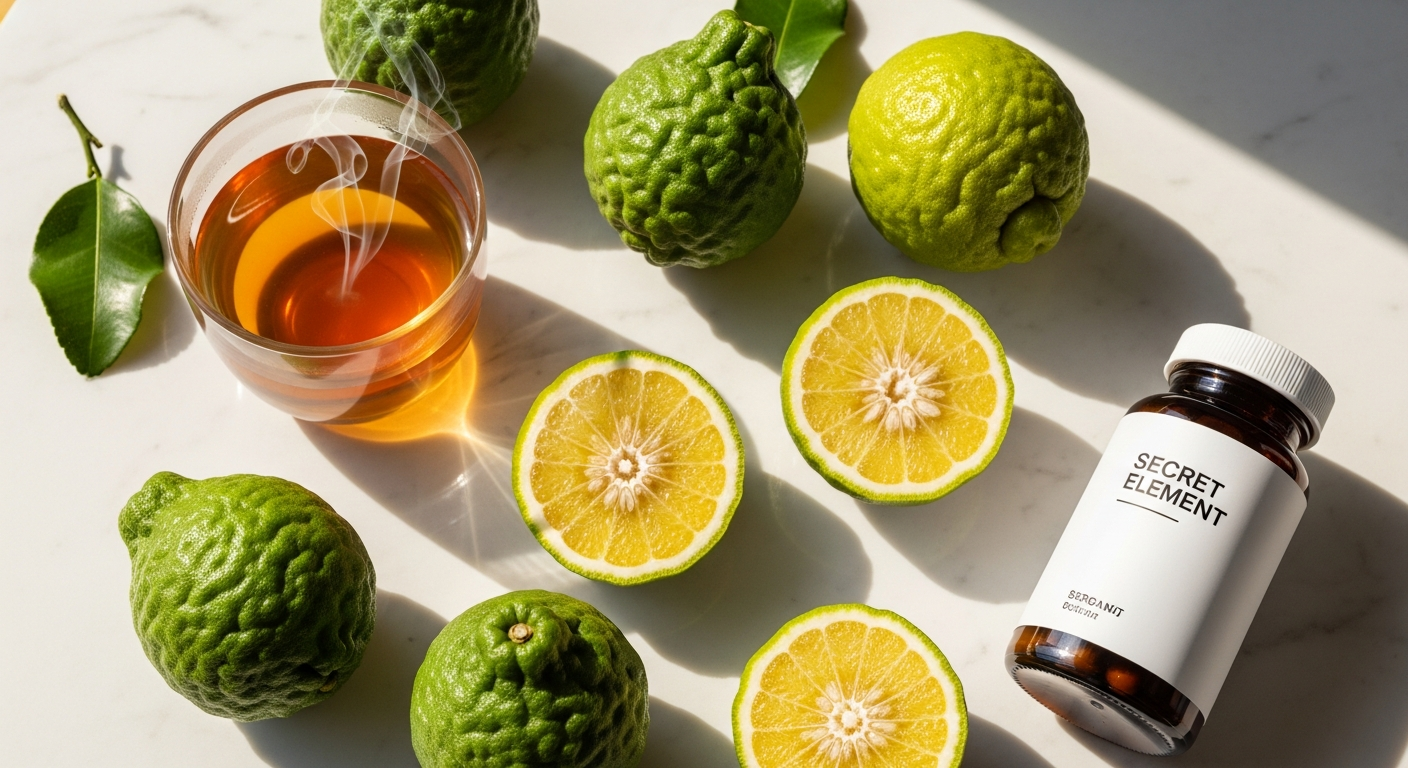 Citrus bergamot polyphenol supplement bottle with fresh bergamot citrus fruit