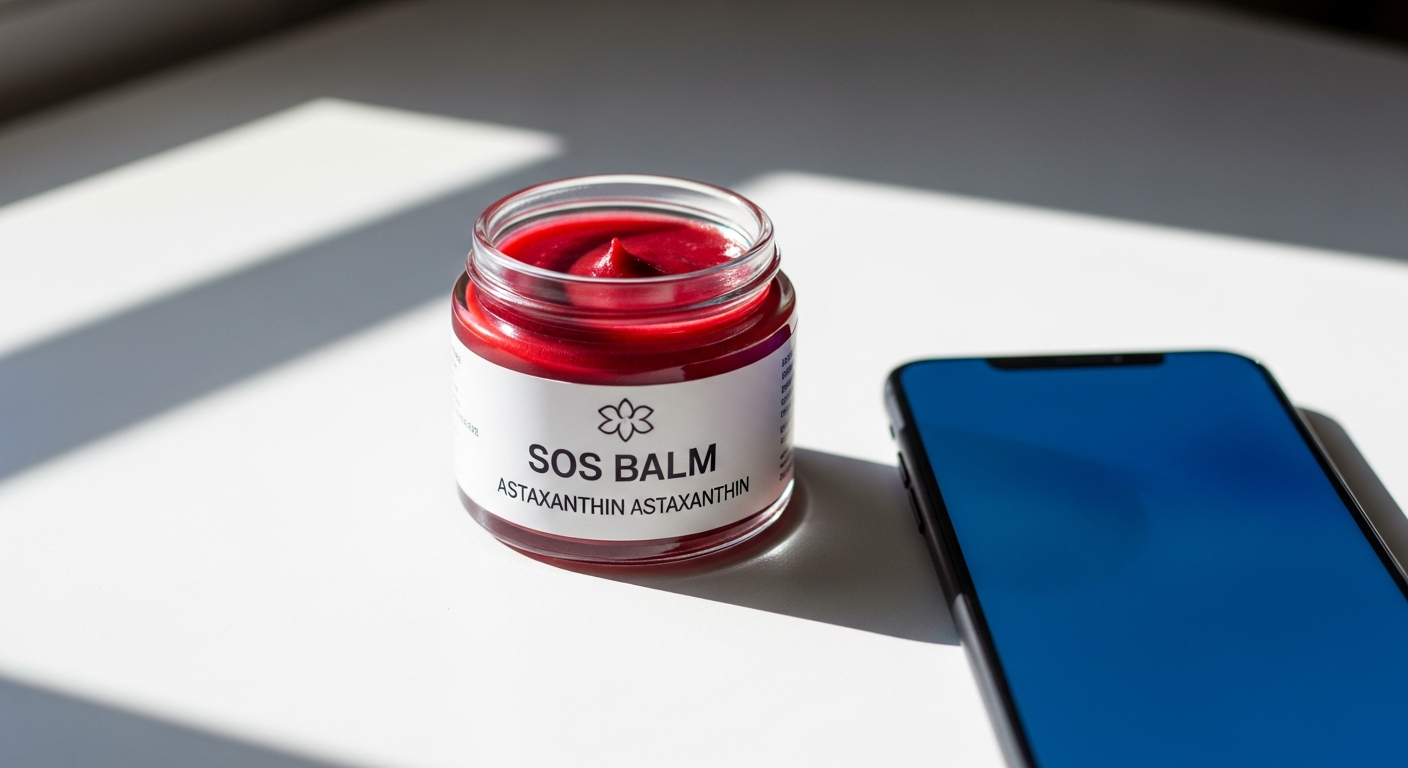 SOS Balm with Astaxanthin stick product displayed with natural ingredients