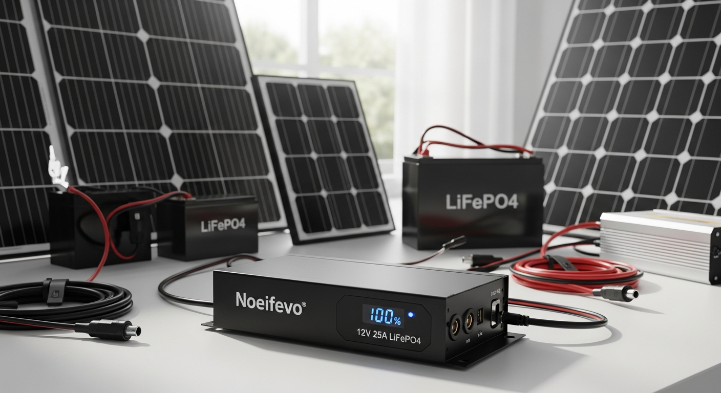 Noeifevo 12V 25A LiFePO4 Charger with IP65 waterproof design and Anderson connectors for off-grid battery charging