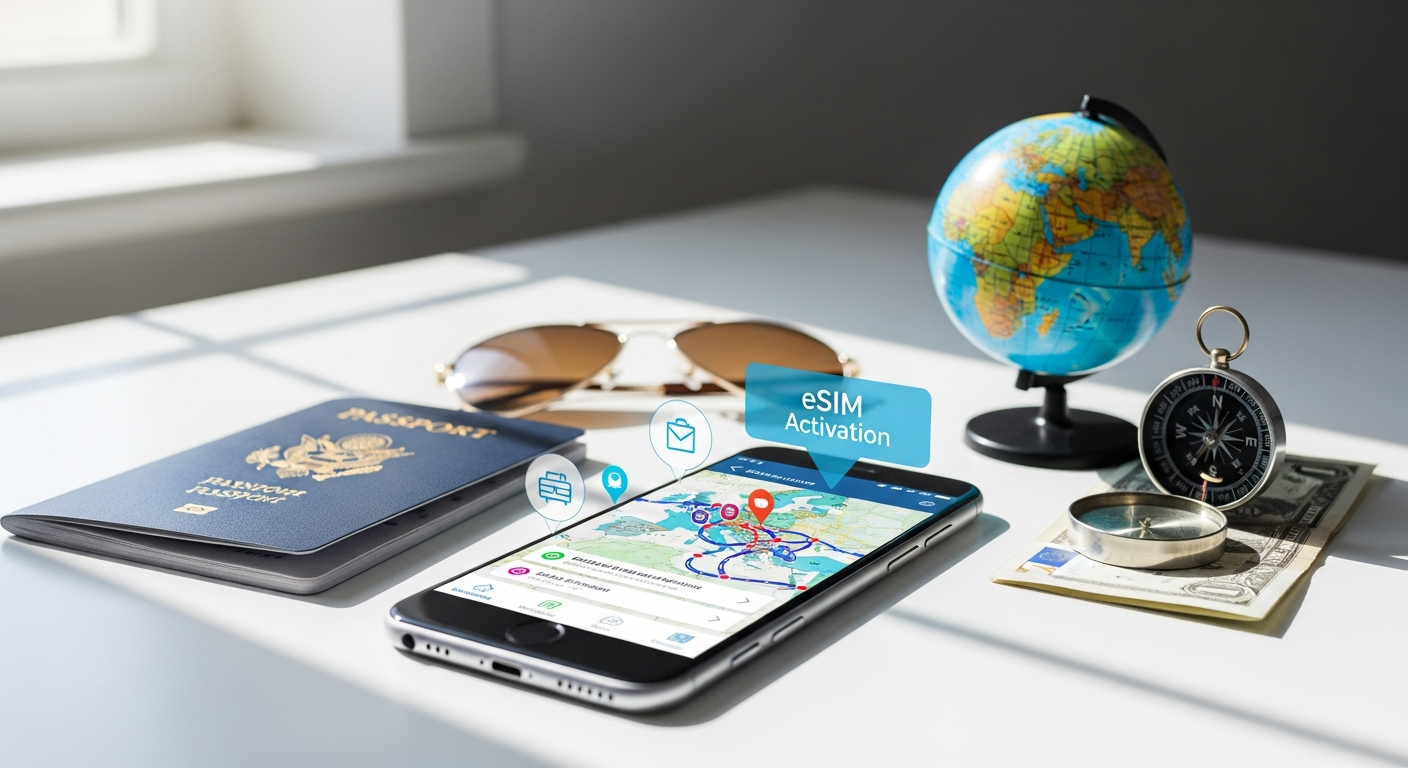 Traveler holding smartphone with eSIM activation screen while at airport departure gate