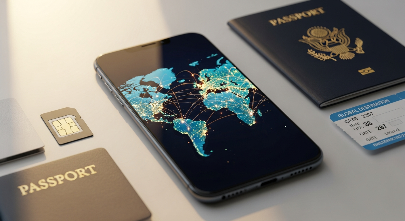 Sim Local eSIM card displayed with global connectivity map and 4G 5G network coverage
