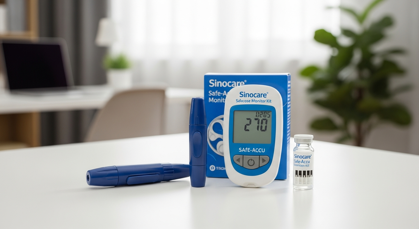 Sinocare Safe-Accu blood glucose monitor kit with test strips and lancets displayed