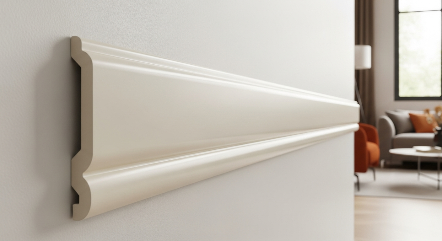 Bullnose MDF skirting board with rounded profile installed on white wall