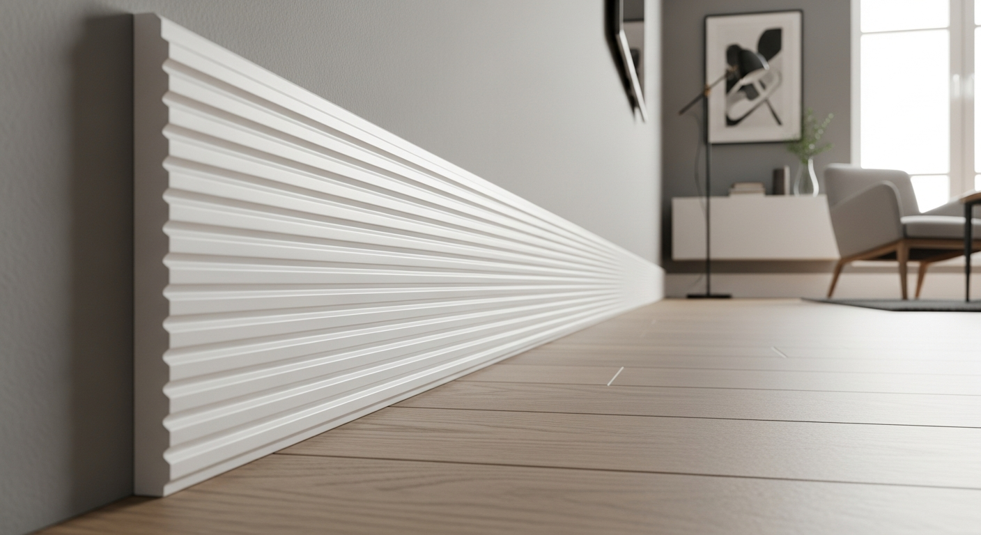 Square edge grooved MDF skirting board installed on interior wall