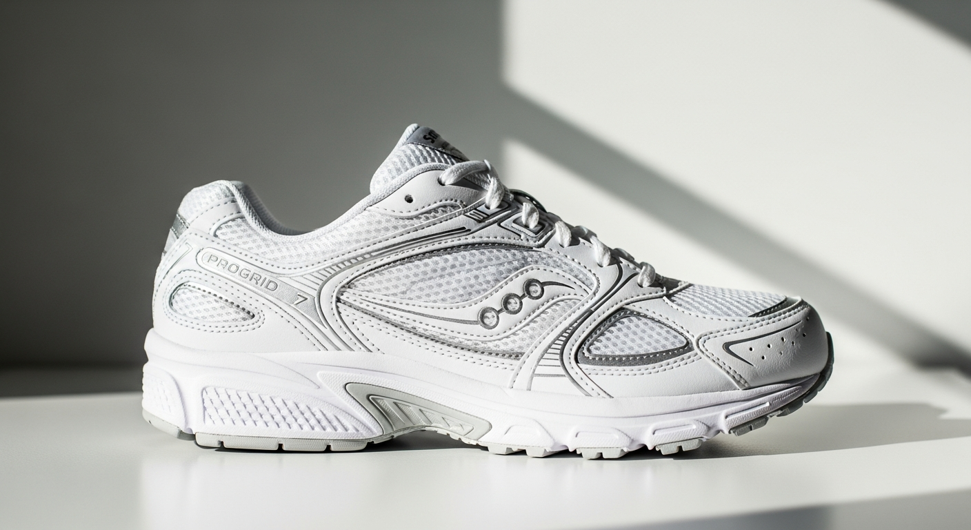 Saucony Progrid Guide 7 retro sneaker in grey and silver colorway showcasing Y2K design