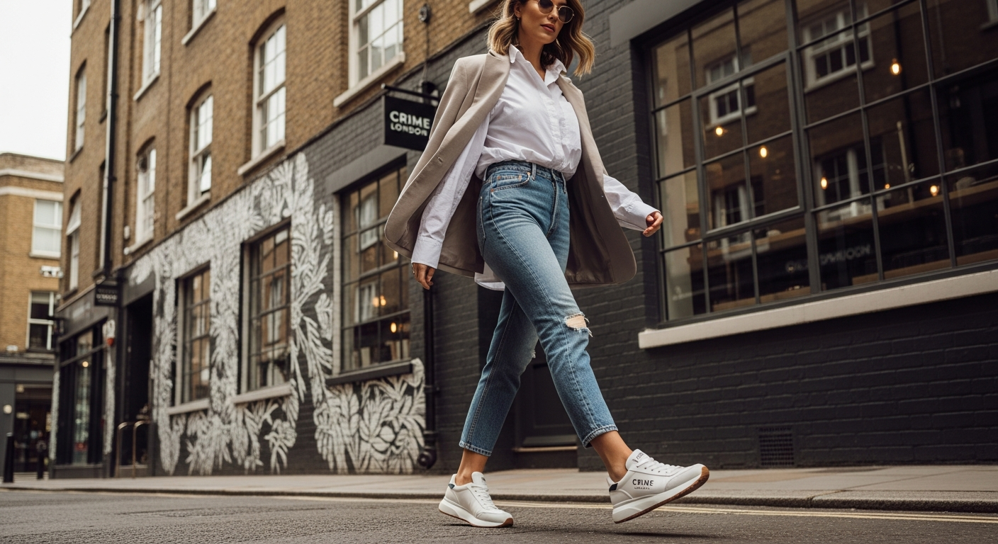 Crime London women's fashion sneakers with metallic details and distressed sole on urban street
