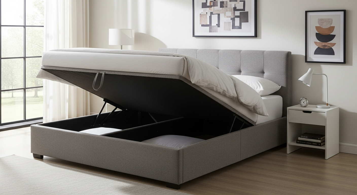Double Ottoman Storage Bed 4ft6 with hydraulic lift mechanism and premium upholstery fabric