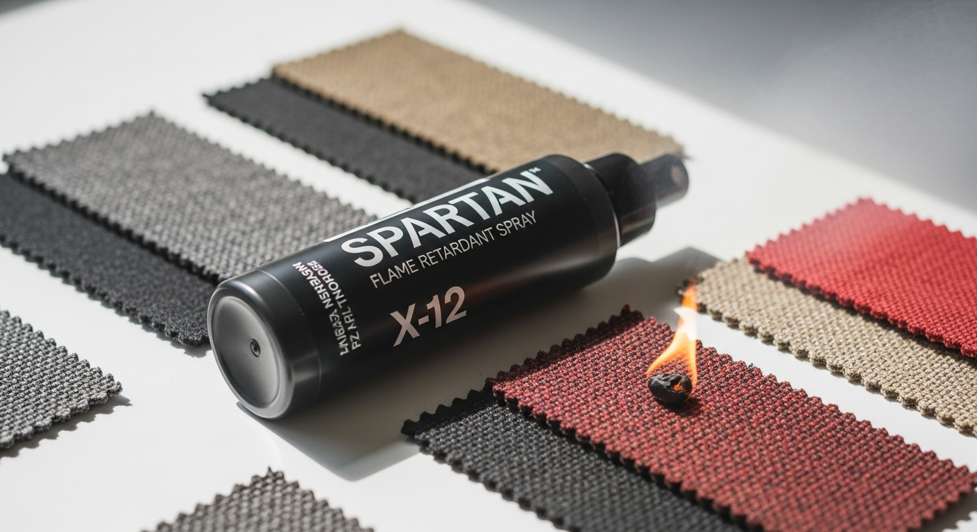 Spartan X-12 flame retardant spray bottle with commercial facility background