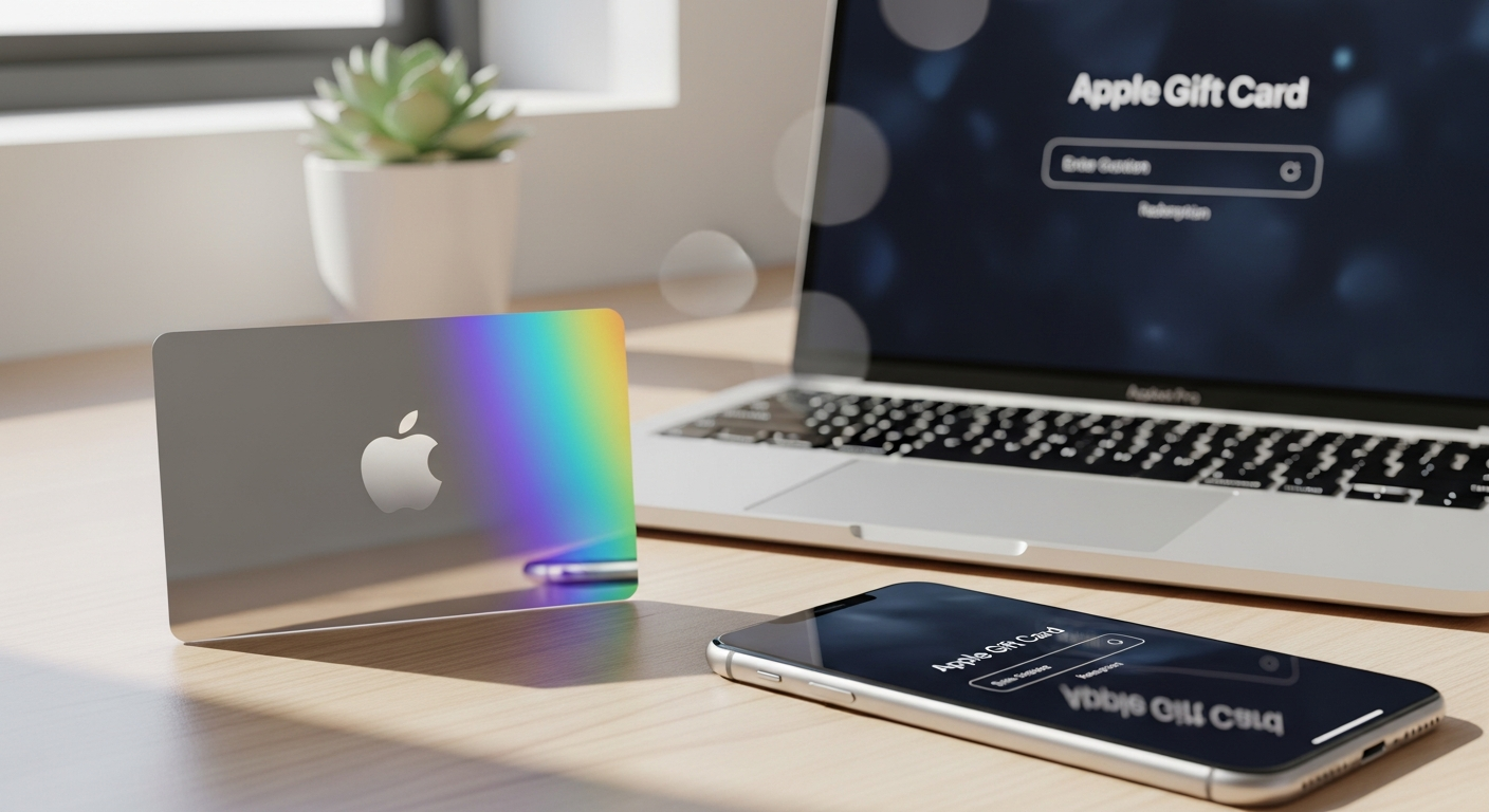 Apple Gift Card digital code displayed on smartphone screen with Apple ecosystem icons