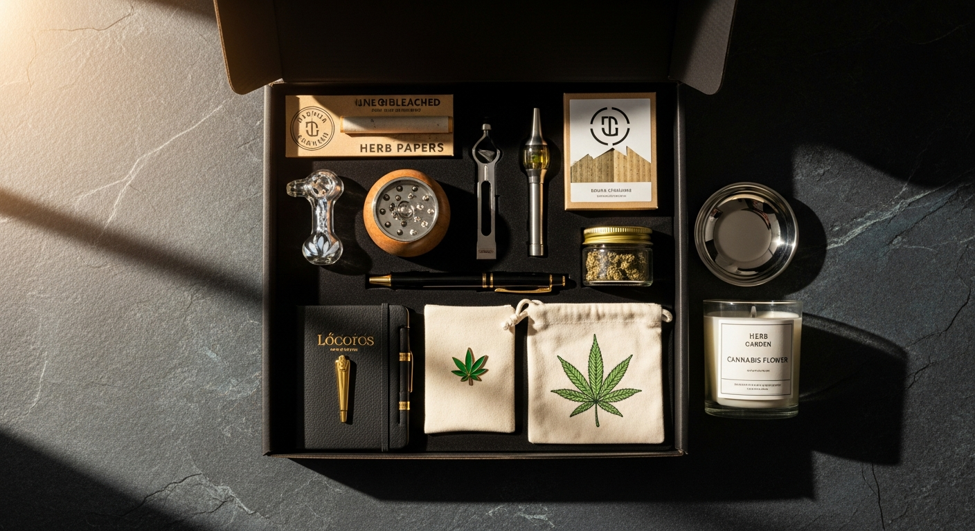 Premium smoking accessories and cannabis subscription box contents displayed