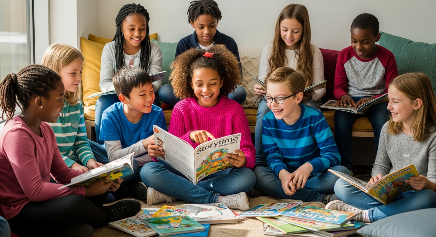 Colorful children's magazine with illustrated stories and poems for young readers