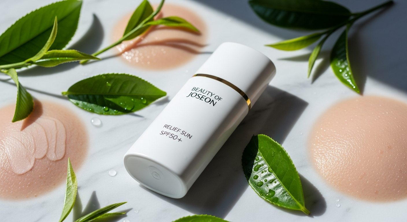 Beauty of Joseon Relief Sun Rice Probiotic SPF50+ sunscreen bottle with rice grains and dewy finish