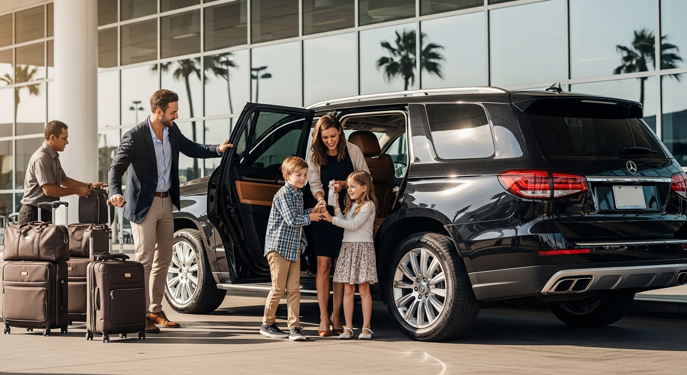 Family with luggage arriving at airport terminal for private transfer service