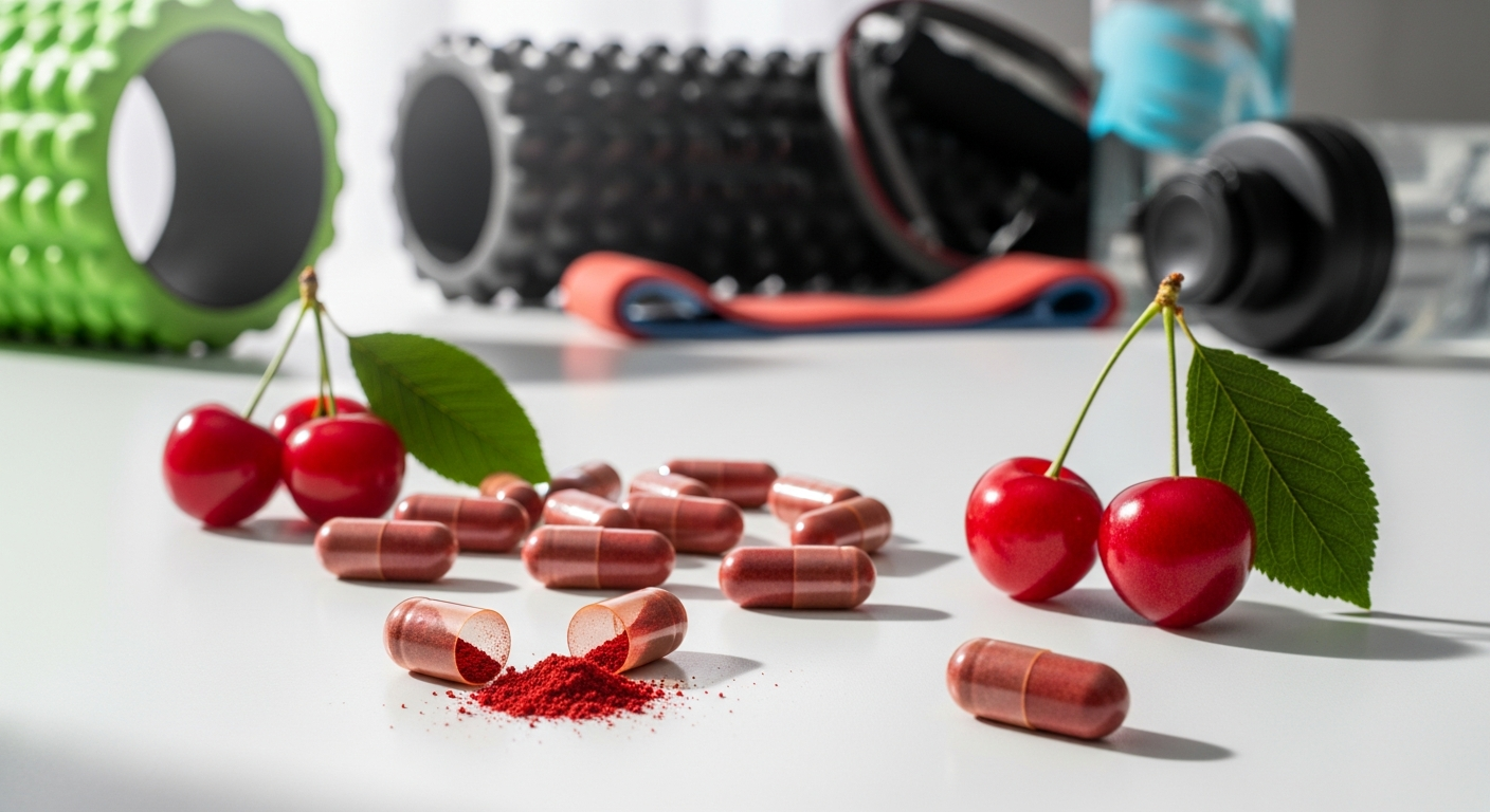 Supp Montmorency Tart Cherry Capsules displayed with fresh tart cherries and athletic recovery equipment