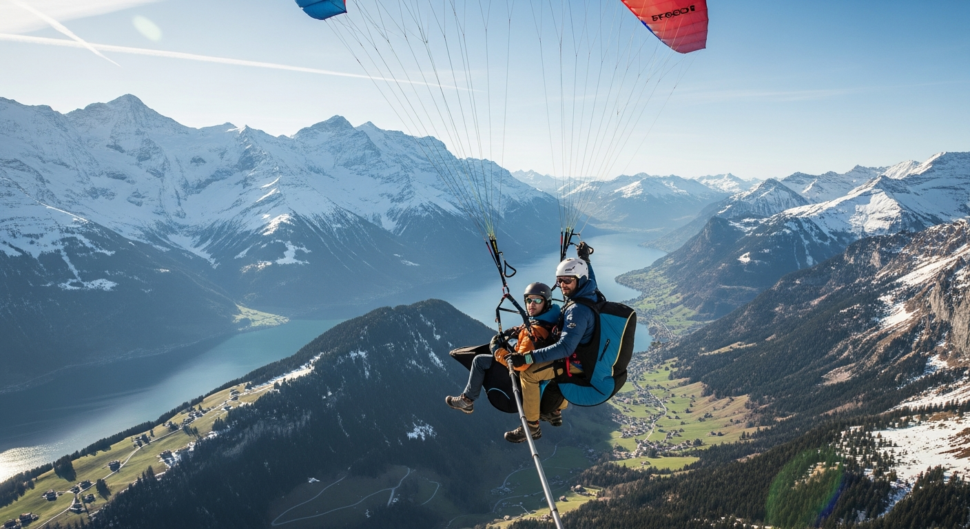 Aerial view of paraglider soaring above snow-capped Alpine peaks and turquoise glacial lakes