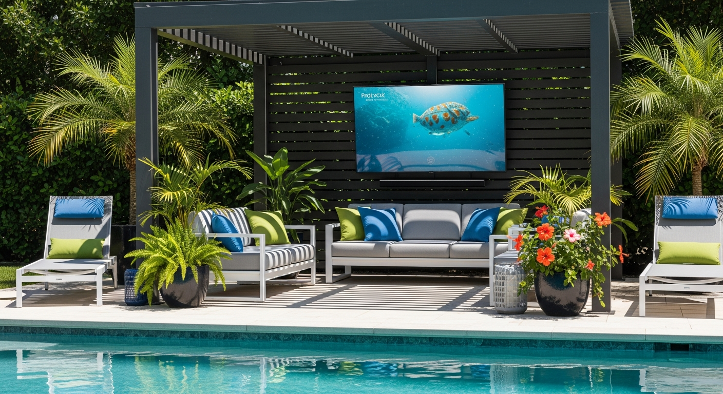 Sylvox 55 inch Pool Pro 2.0 outdoor TV mounted on patio wall displaying 4K content
