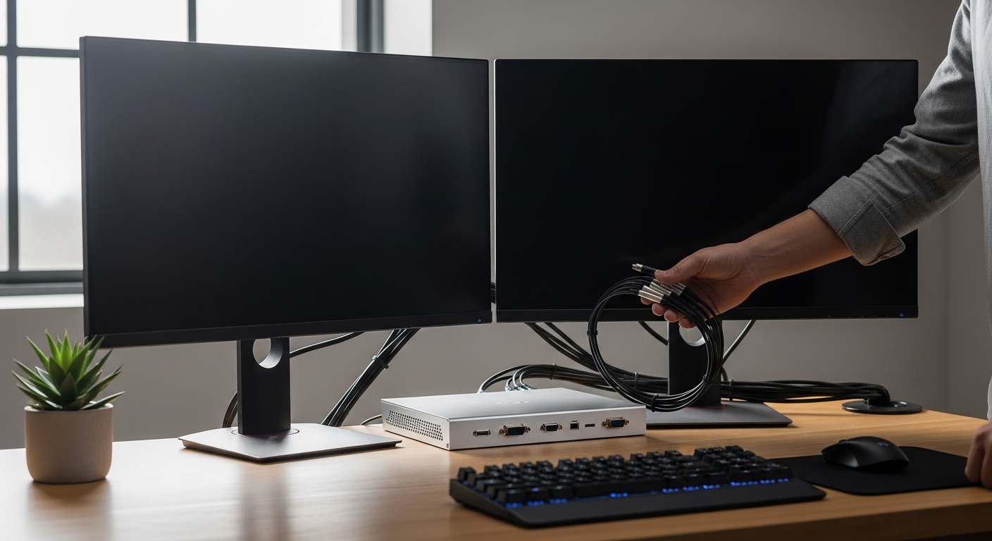 TESmart DKS202-M24-USBK dual monitor KVM switch with DisplayPort cables and USB connections