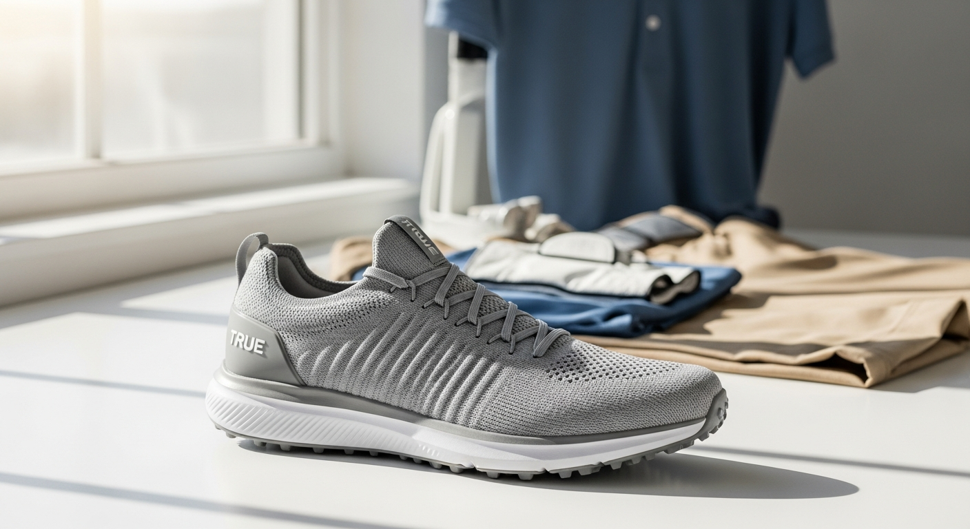 TRUE All Day Knit II golf shoe displayed on grass showing breathable knit upper design