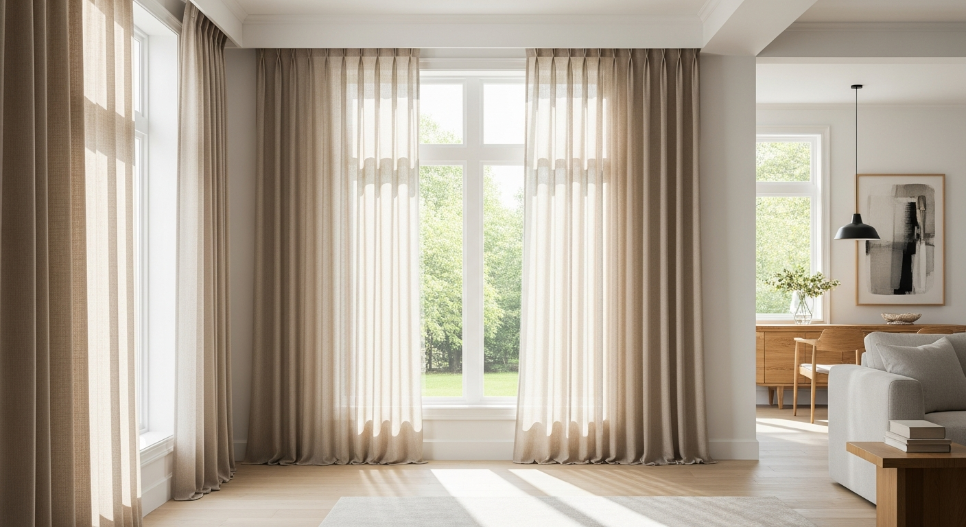 TWOPAGES Liz Collection Linen Blend Pinch Pleat Curtains in neutral ivory displayed on modern window