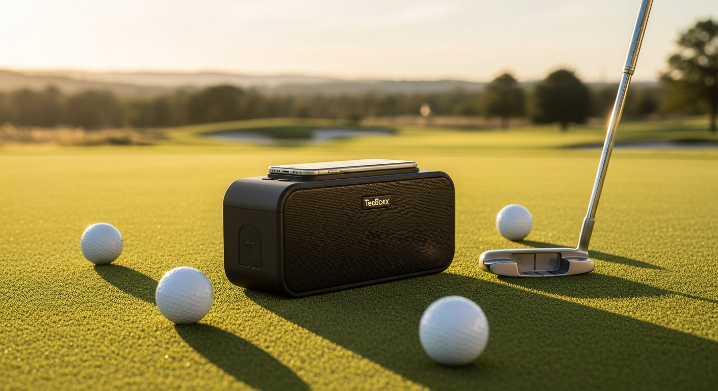 TeeBoxx Magnetic Golf Speaker Charger mounted on golf cart with phone attached