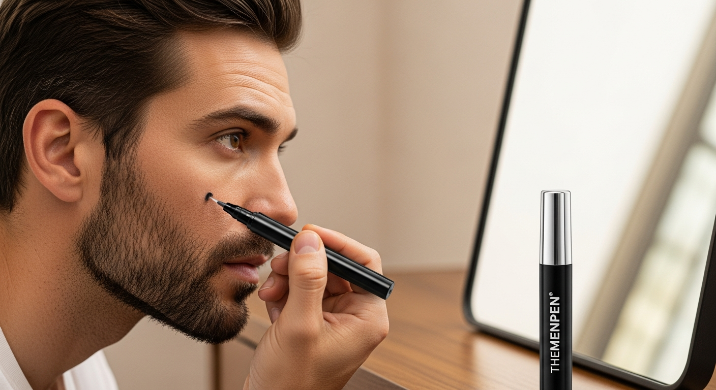 Man applying waterproof eyebrow beard filler pen to facial hair