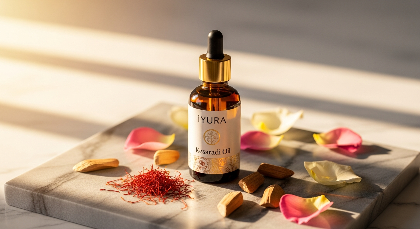 iYURA Kesaradi Oil bottle with saffron flowers and rose petals on white background
