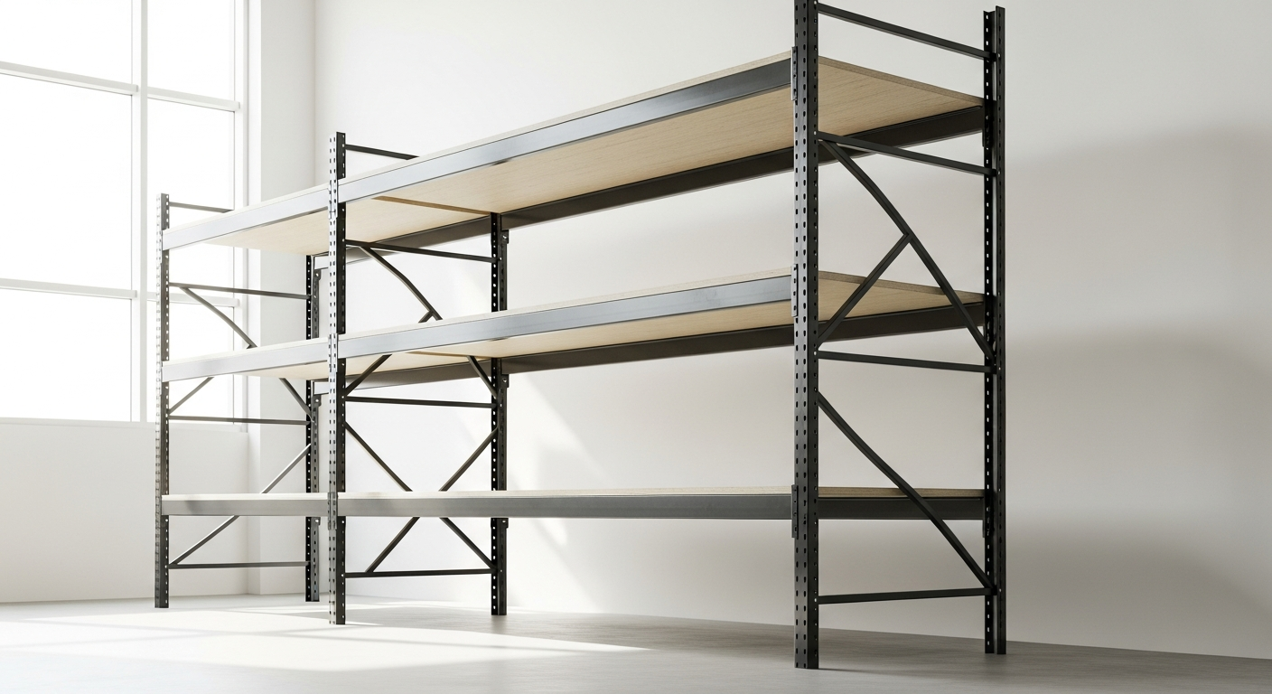 Heavy duty rivet racking system with 600kg load capacity in industrial warehouse setting