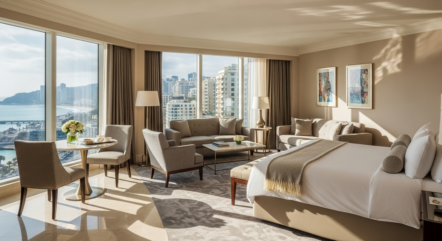 Luxurious hotel suite with modern furnishings and panoramic city views