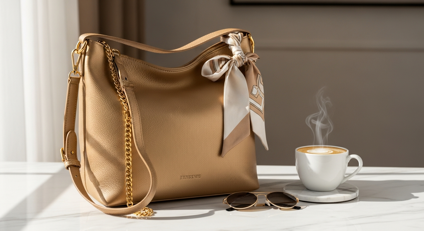 Verafied Gold Chocolate Hobo Bag with smooth leather and golden hardware displayed