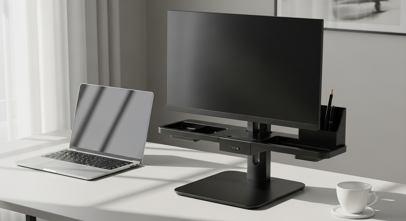 VidaXL ergonomic monitor stand with integrated storage drawer on modern desk workspace