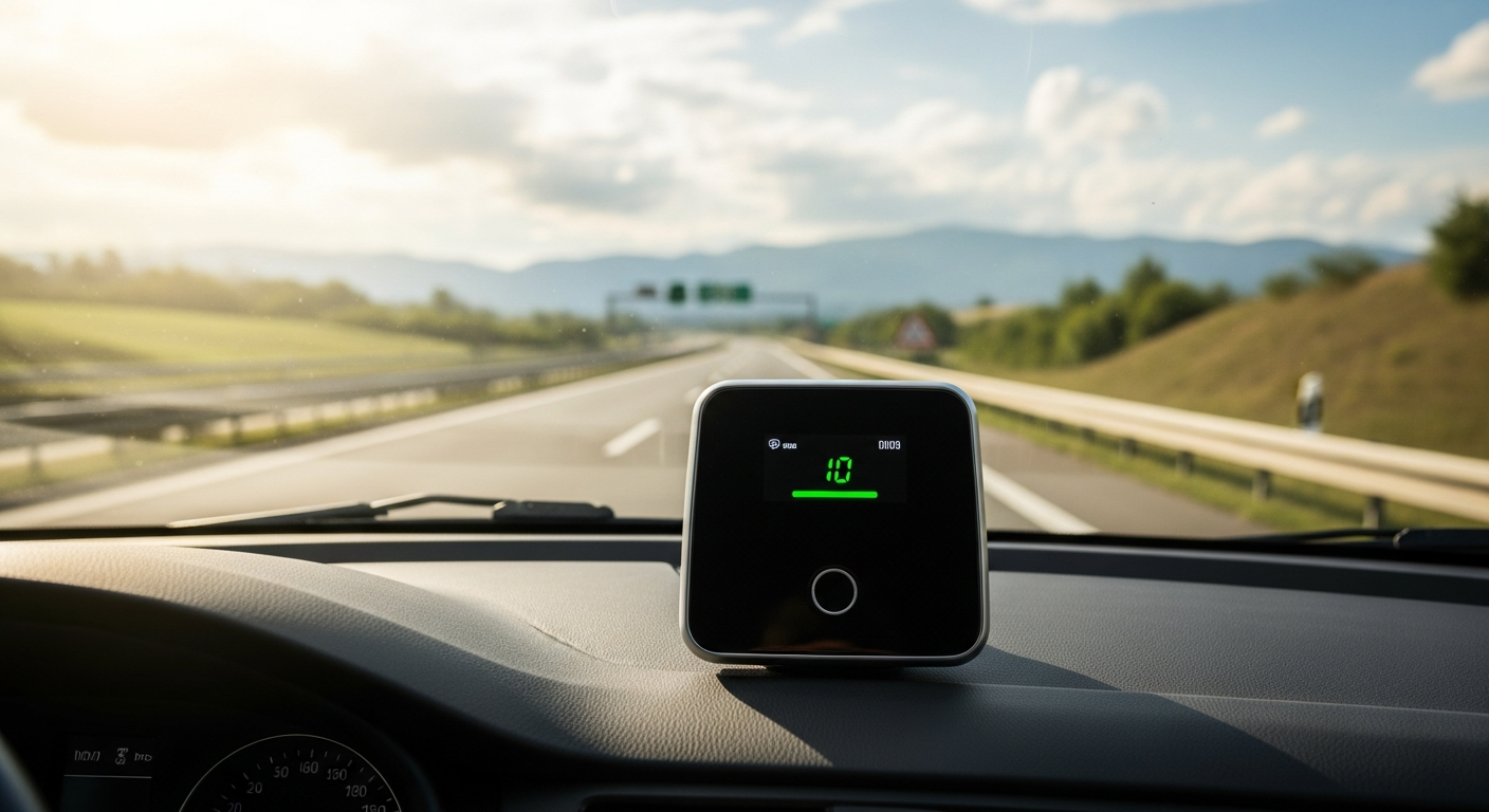 Vintrica Flow Toll Box mounted on car windscreen for automatic European toll payments