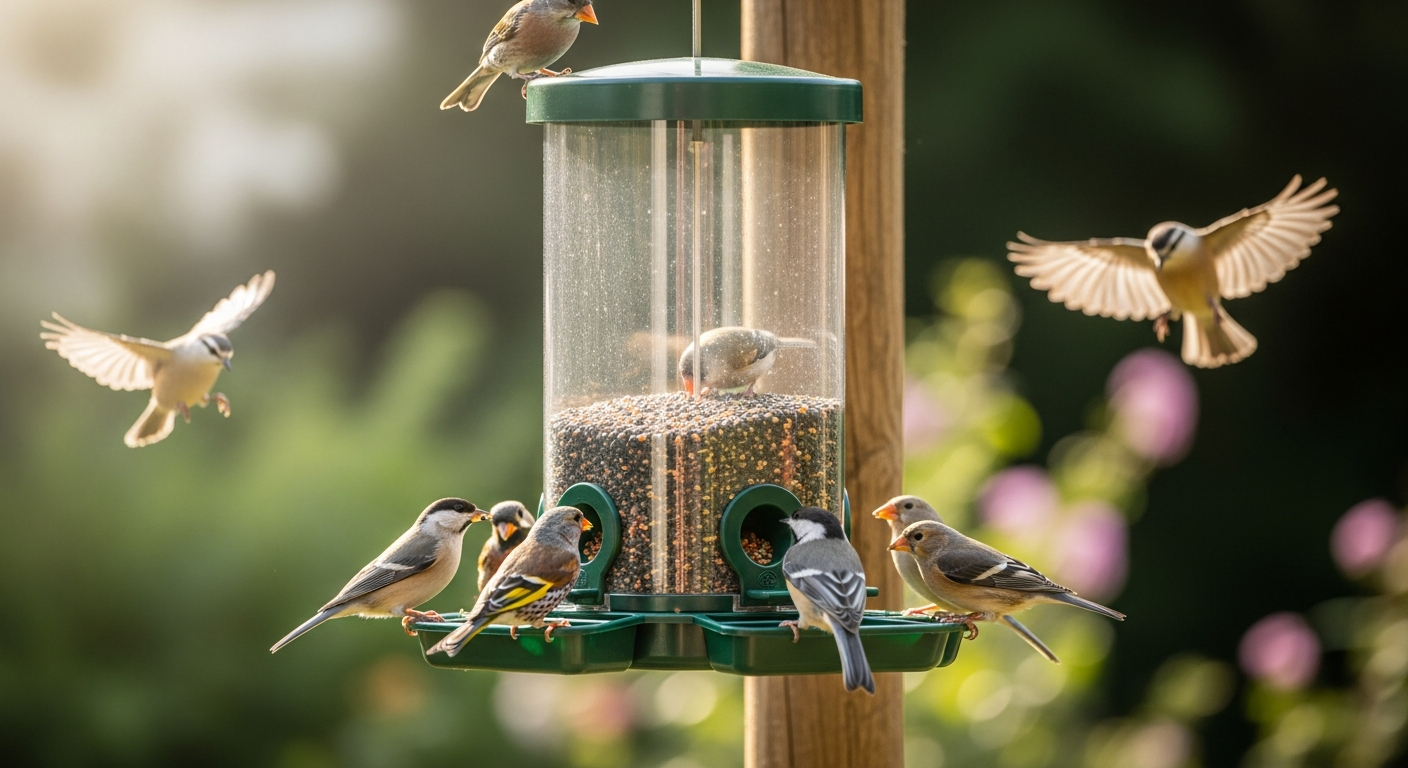 Apollo 5-Port Seed Feeder with ventilation design and perching rings in garden setting