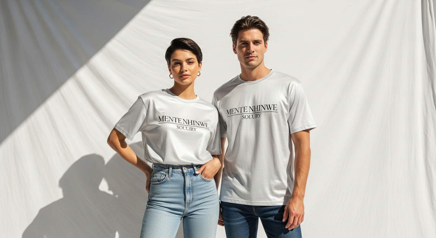 Trendy Pearl Slogan Short-Sleeve Couple T-Shirt in Old White displayed on two models