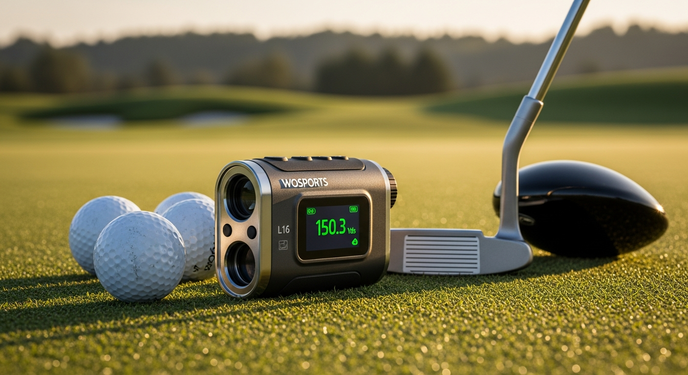 WOSPORTS L16 Golf Rangefinder displaying distance measurement on LCD screen