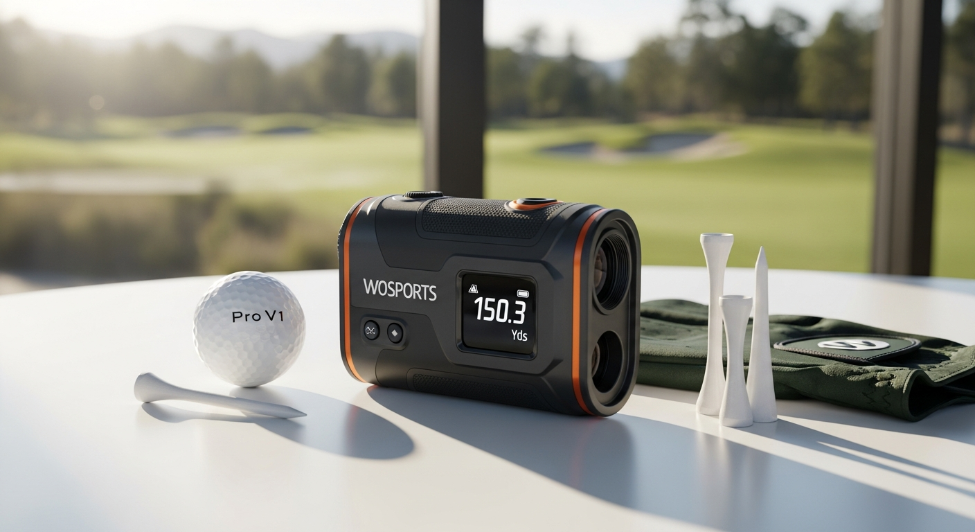 WOSPORTS laser rangefinder displayed with hunting gear and binoculars in outdoor field setting