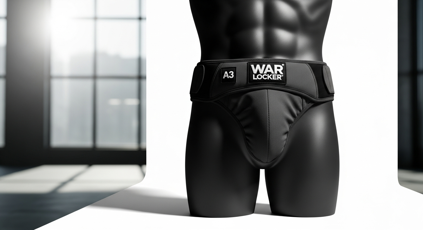 War Locker A3 Groin Protector product display with three-layer defense system