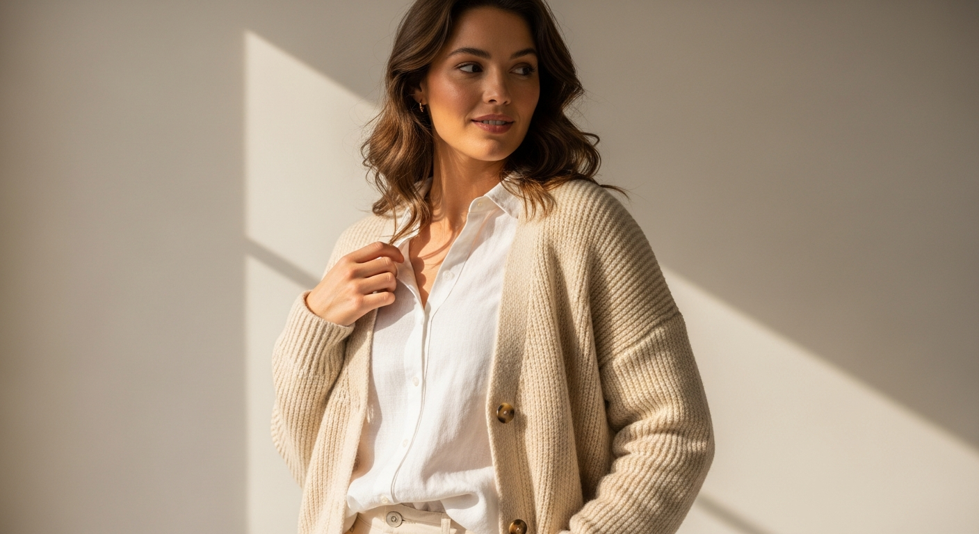 White Stuff Lulu Cardigan in blue layered over white tee and denim