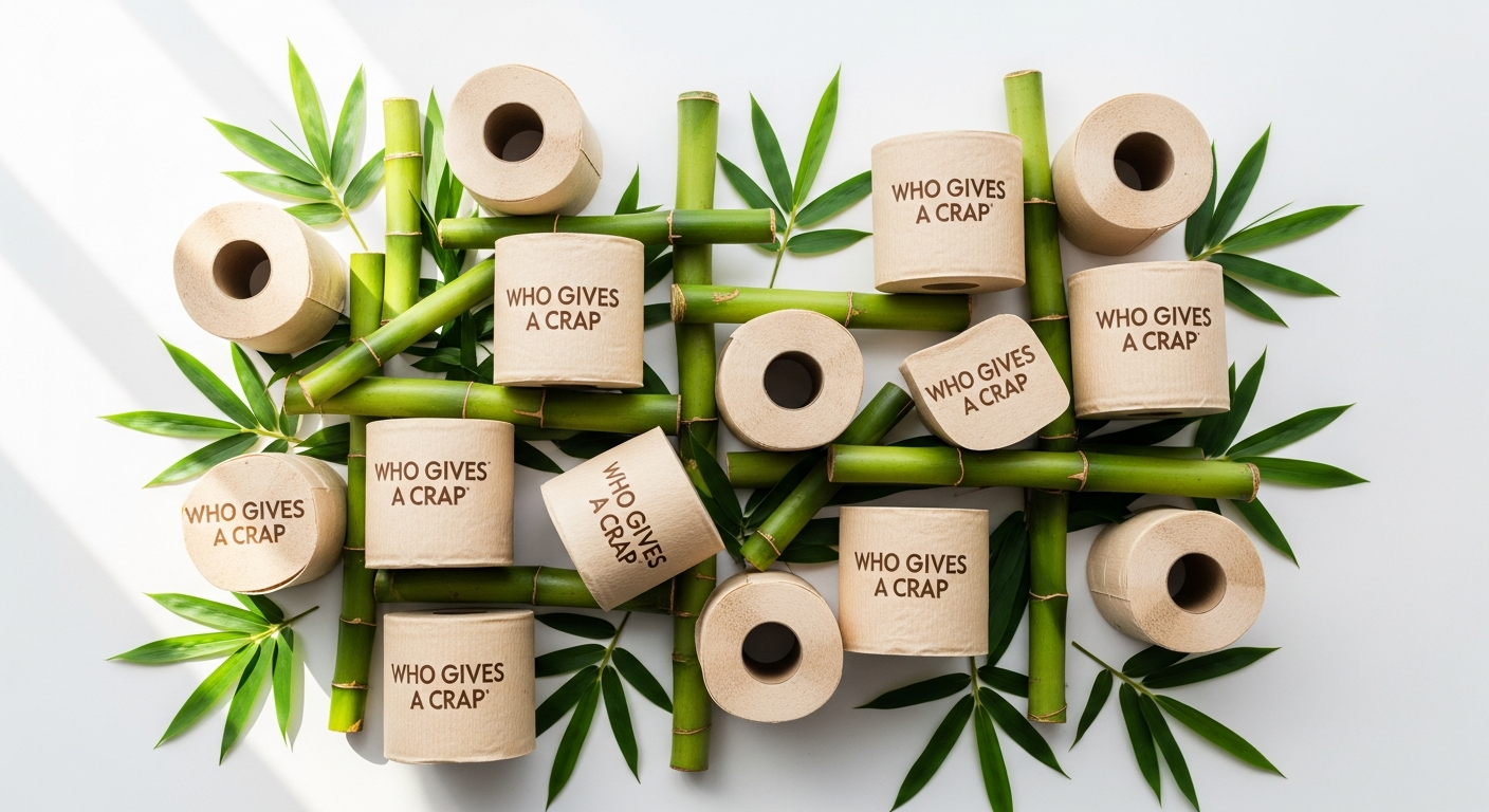 Who Gives A Crap bamboo toilet paper rolls displayed with sustainable packaging materials
