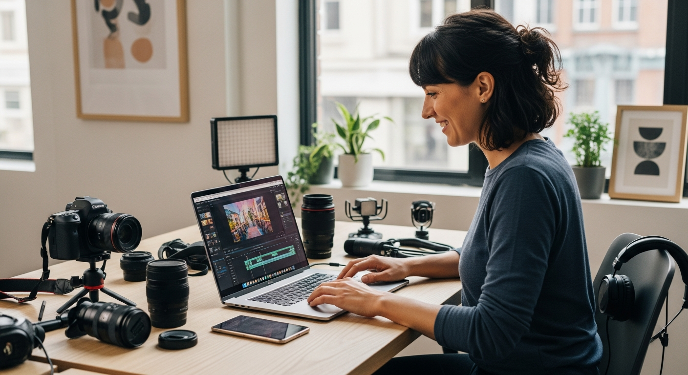 Wondershare Filmora AI video editor interface showing editing timeline and AI-powered features for small business content creation