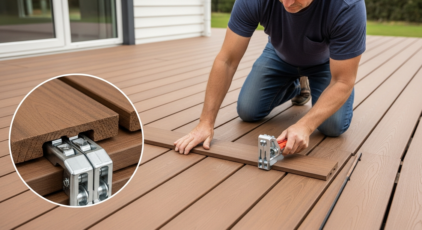 Woodstore24 WPC decking complete set with reversible planks and universal clip system installed on residential terrace