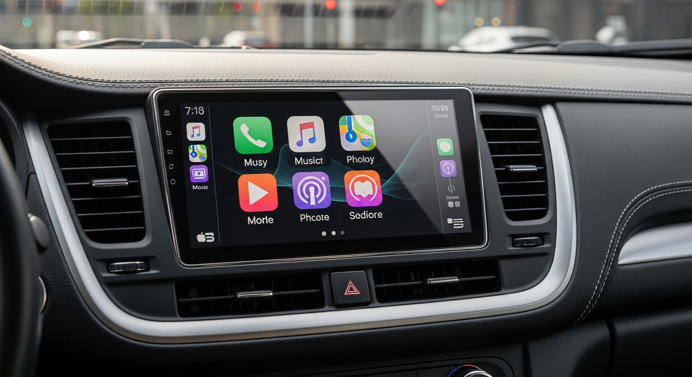 Modern 7-inch double DIN car stereo with touchscreen display and CarPlay integration