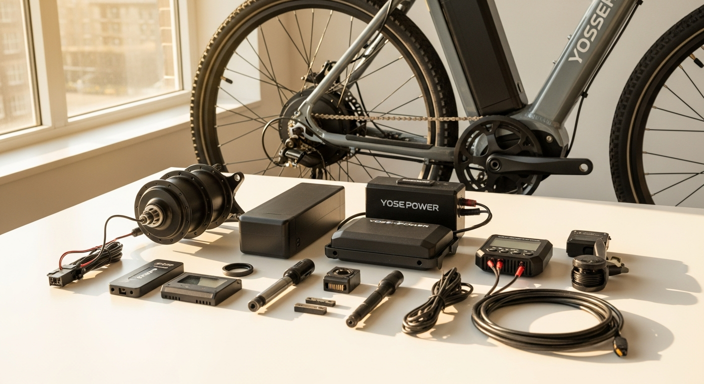 Yose Power 36V 250W e-bike conversion kit components and installation tools displayed