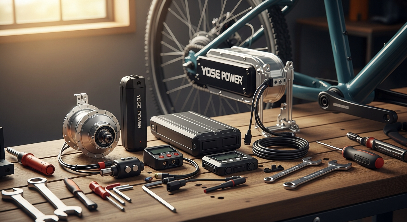 Yose Power E-Bike Conversion Kit components including rear hub motor, battery pack, and LCD display