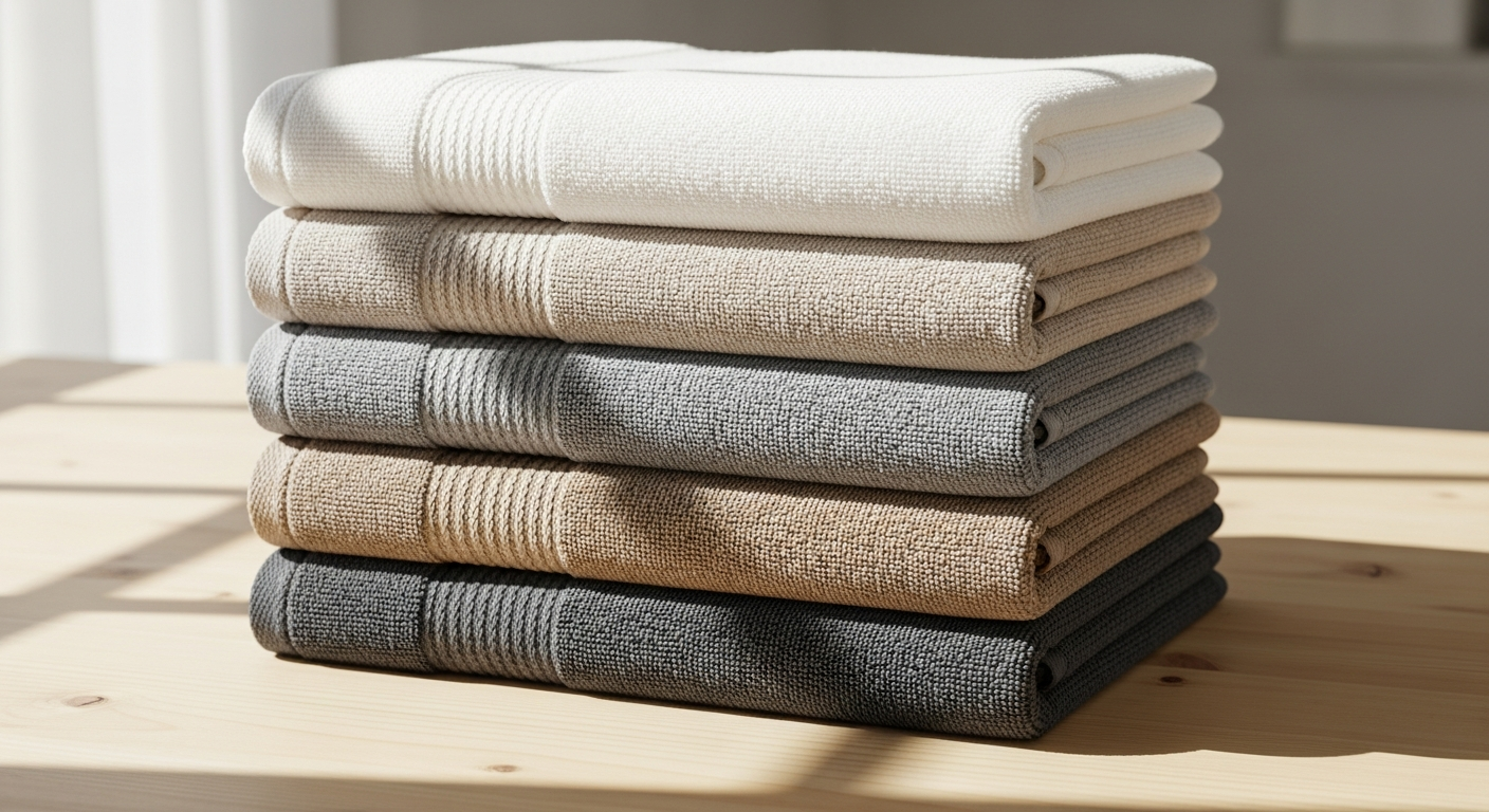 Luxurious folded Cawö premium German terry towels in neutral colors