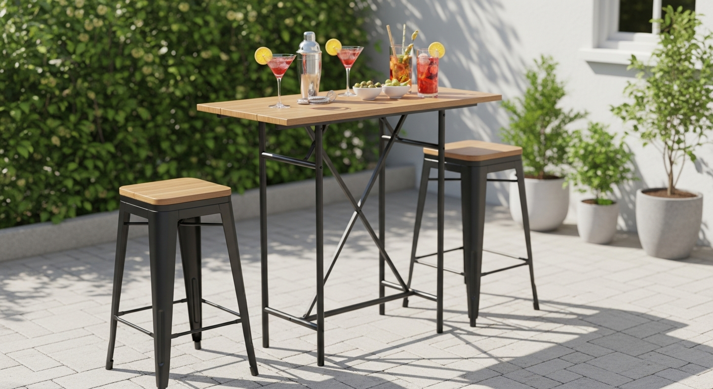 CASARIA Foldable Acacia Wood Bar Table on compact patio space