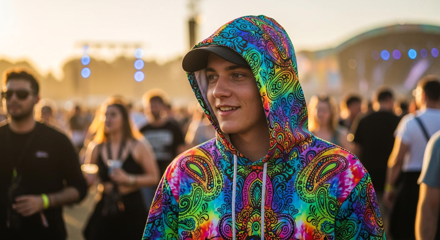 Vibrant psychedelic unisex hoodie with all-over print design for festival wear