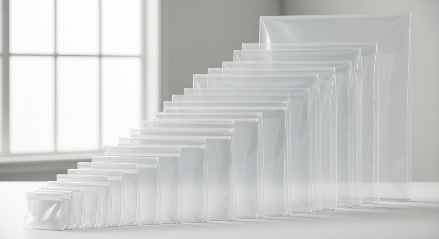 iMailer Clear Resealable Cellophane Bags in various sizes displayed with product packaging examples