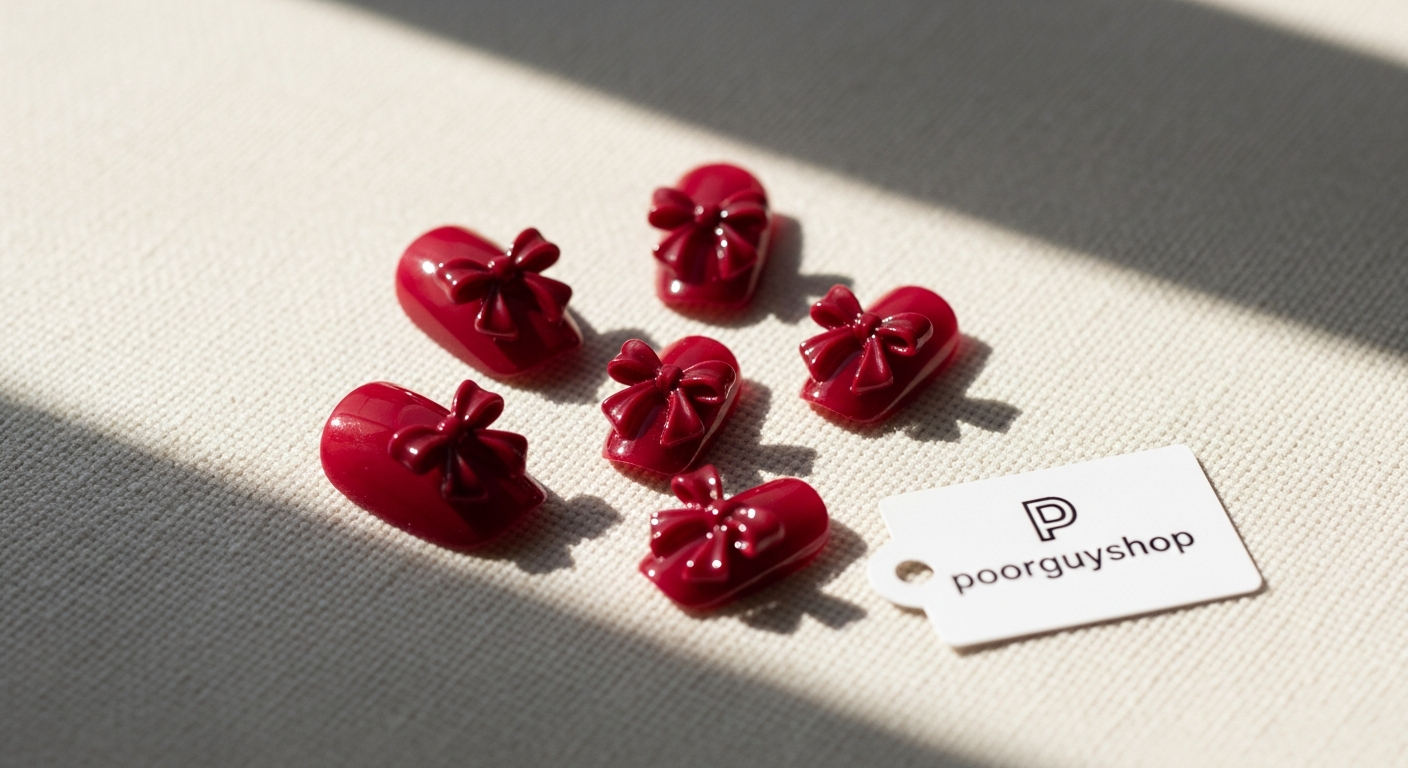 Burgundy bow handmade press-on nails displayed on a white surface with application kit
