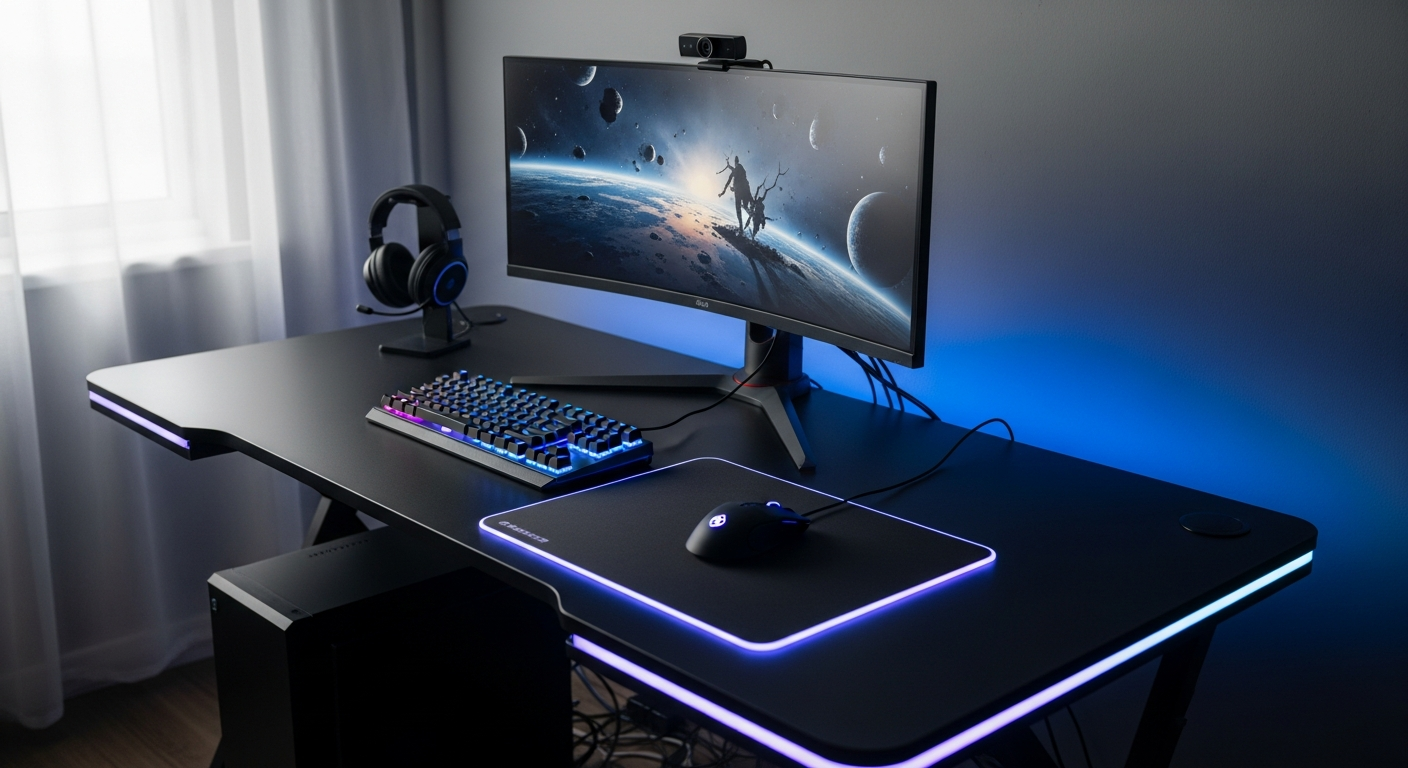 Sikaic 64.5 inch reversible LED gaming desk with dual monitors and RGB lighting